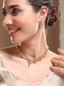 Rubans 22K Gold-Plated Light Green & Cubic Zirconia Studded Necklace Set with Pearl Drops