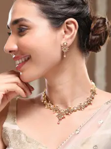 Rubans 22K Gold Plated Pink Stone & Cubic Zirconia Floral Necklace Set with Pearl Drops