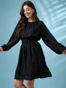 Globus Bishop Sleeves Self Design Georgette Sheen Smocked Mini Fit & Flare Party Dress