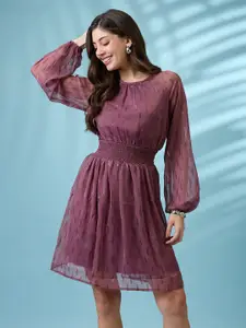 Globus Bishop Sleeves Self Design Georgette Sheen Smocked Mini Fit & Flare Party Dress