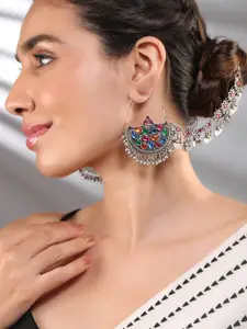 Rubans Oxidized Silver-Plated Multicolor Enamel Chandbali Earrings with Attached Ear Chain