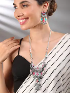 Rubans Oxidized Silver-Plated Multicolor Enamel & Beaded Dangling Silver Bead Necklace Set