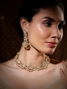 Rubans 22K Gold-Plated Kundan Studed Green Border, Pearl Beaded Crescent Moon Necklace Set