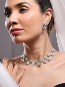 Rubans Rhodium-Plated Cubic Zirconia Studded Snowflake Necklace & Earrings Set
