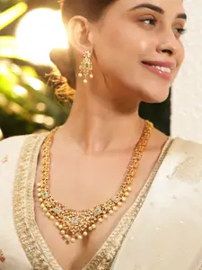 Rubans 22K Gold Plated Ruby, Emerald & Cubic Zirconia Stone Necklace Set with Pearl Detail