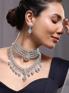 Rubans Set of 2 Silver-Plated AAA Cubic Zirconia Studded Dual-Layer Choker & Necklace Set