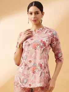 Winza Designer Women Floral Printed Mandarin Collar Cotton Top