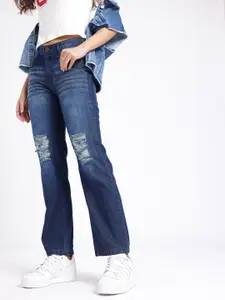 glitchez Women Wide Leg Distressed Light Fade Stretchable Jeans