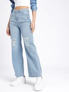 glitchez Women Wide Leg Distressed Light Fade Jeans