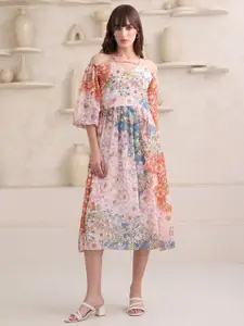 PURVAJA Women Floral Printed Puff Sleeve Shoulder Straps Georgette Fit & Flare Midi Dress