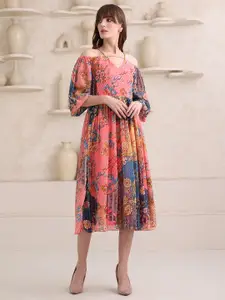 PURVAJA Women Floral Printed Puff Sleeve Fit & Flare Midi Dress