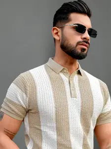 Maniac Men Striped Polo Collar Slim Fit T-shirt