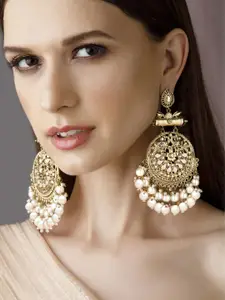 Rubans 18K Antique Gold-Plated Crescent Shaped Stone & White Pearls Beaded Chandbalis