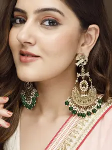 Rubans 18K Gold-Plated Big Chandbali Earrings with Bottle Green Beads & Pearl Accents