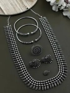 NAMAN ARTS Soumya 3 Line Silver-Plated Oxidised Necklace Jewellery Set