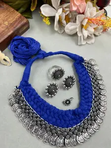 NAMAN ARTS Silver-Plated Oxidised Coin Necklace Jewellery Set