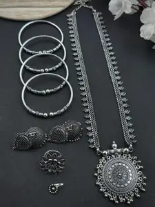 NAMAN ARTS Silver-Plated Oxidised Necklace Jewellery Set