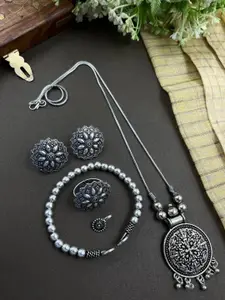 NAMAN ARTS Mahira Silver-Plated Oxidised Necklace Jewellery Set