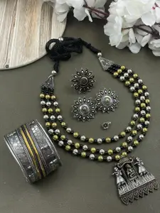 NAMAN ARTS Rohini 3 Line Silver-Plated Oxidised Necklace Jewellery Set