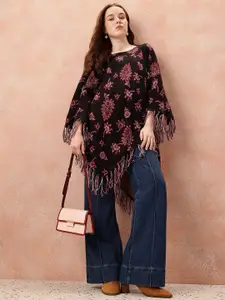 all about you Floral Printed Tasselled Longline Poncho Shrug