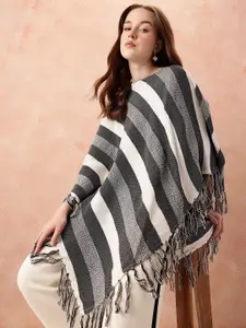 all about you Striped Tasselled Monochrome Longline Poncho Shrug