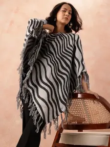 all about you Striped Tasselled Monochrome Longline Poncho Shrug