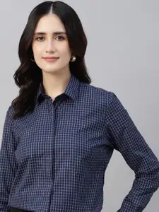 English Navy Women Micro Checks Opaque Checked Formal Shirt