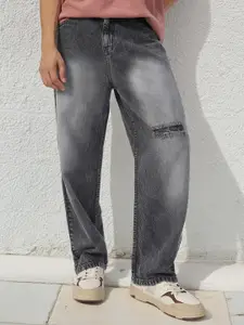 Urbano Fashion Men Pure Cotton Loose Relaxed Fit Slash Knee Heavy Fade Jeans