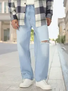 Urbano Fashion Men Pure Cotton Loose Relaxed Fit Slash Knee Heavy Fade Jeans