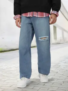Urbano Fashion Men Pure Cotton Loose Relaxed Fit Slash Knee Heavy Fade Jeans