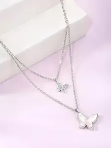 Peora Silver-Plated Cubic Zirconia Stone Studded Butterfly Shape Two Layered Necklace