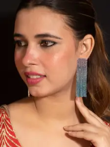 Niscka Rhodium-Plated American Diamond Stone Studded Tasselled Drop Earrings