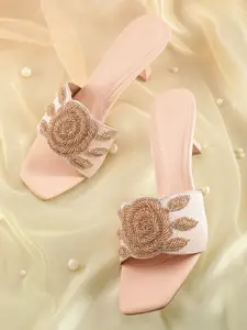 House of Pataudi Floral Sequin Embellished Kitten Heels