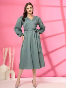 plusS Women V-Neck Wrap Midi Dress