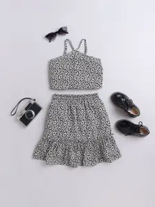 taffykids Girls Floral Printed Shoulder Straps Top With Skirt