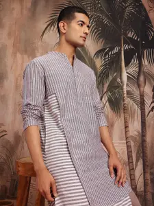 Sangria Striped Mandarin Collar Button-Down Asymmetric Straight Kurta