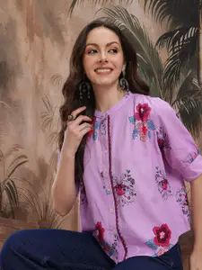 Sangria Floral Print Mandarin Collar Top