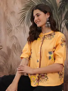 Sangria Top Floral Print Mandarin Collar Top