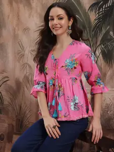 Sangria Floral Print Tie-Up Neck Bell Sleeve Cotton Empire Top