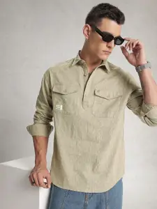 WROGN Pure Cotton Textured Drop-Shoulder Sleeves Oversized Casual Shirt