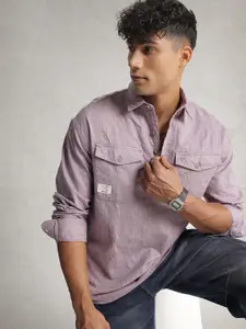 WROGN Pure Cotton Textured Drop-Shoulder Sleeves Oversized Casual Shirt