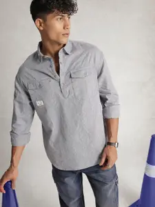 WROGN Pure Cotton Textured Drop-Shoulder Sleeves Oversized Casual Shirt