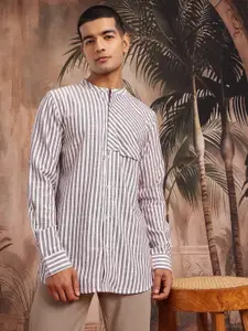 Sangria Vertically Striped Mandarin Collar Button-Down Straight Kurta with Patchworks