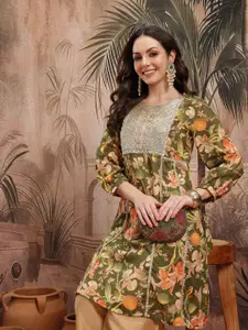 Sangria Women Floral Printed Sequined Zari Work Empire Style A-Line Kurta