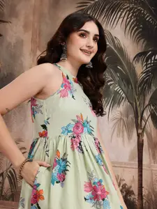 Sangria Floral Print Pure Cotton A-Line Midi Dress