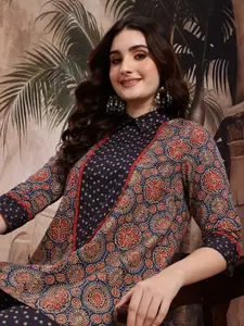 Sangria Floral Print Shirt Collar High-Low Side Slits A-Line Top with Palazzos