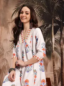 Sangria Floral Print A-Line Pleated Kurta
