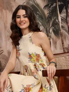 Sangria Floral Print Pure Cotton A-Line Midi Dress