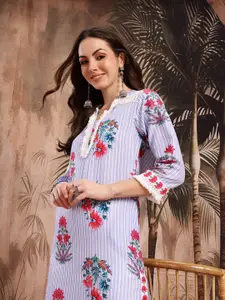 Sangria Floral Printed Kurta With Fringes Detail