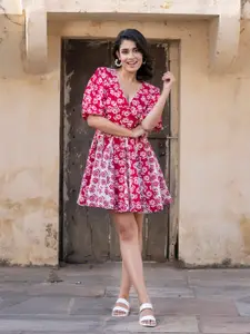 BAESD Women Floral Printed Cotton A-Line Above Knee Dress